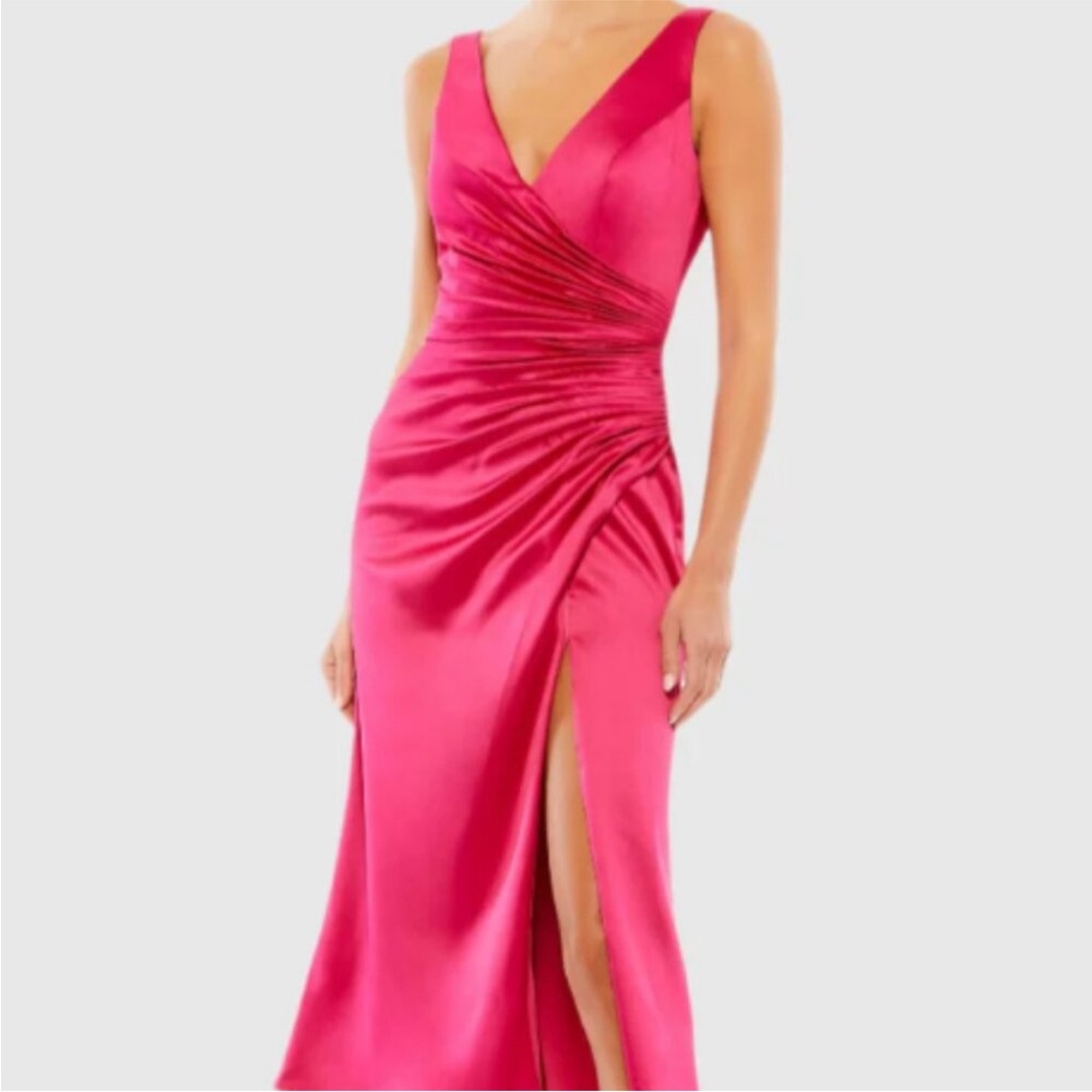 MAC DUGGAL 26625 SATIN RUCHED V-NECK FAUX WRAP LIPSTICK PINK MIDI DRESS sz 4 - Picture 4 of 11